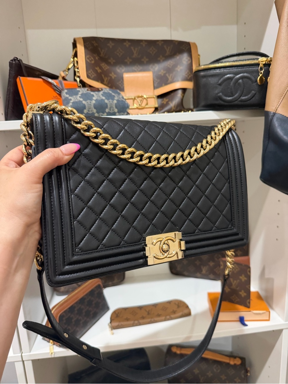 CHANEL Black Quilted Lambskin Boy Bag -New Medium